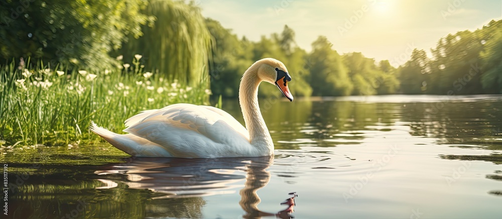 Aufkleber elegant white swan indulging in a bath near tranquil lake with copy space image.