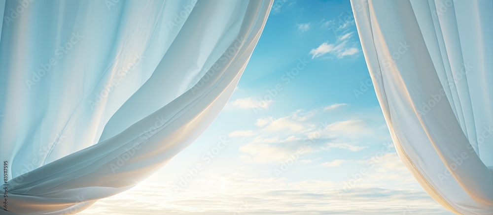 Poster the window is open, allowing the wind to blow the curtain as the sun shines through, with a blue sky