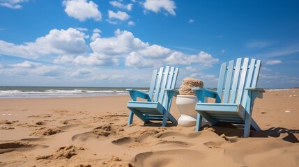 Two Blue Chairs on a Peaceful Sandy Beach Under a Cloudy Blue Sky