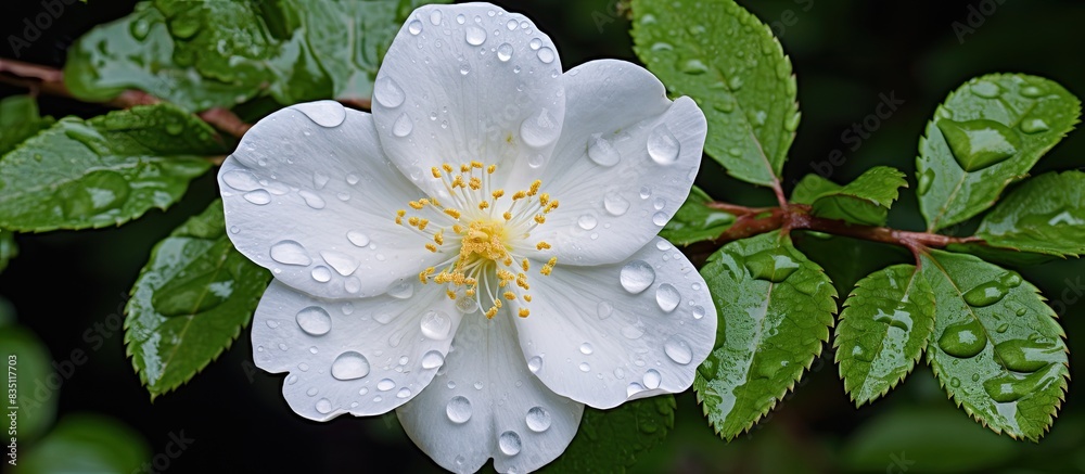 Leinwandbilder closeup image of a wet, wavy white wild rose with a natural background providing empty space for add