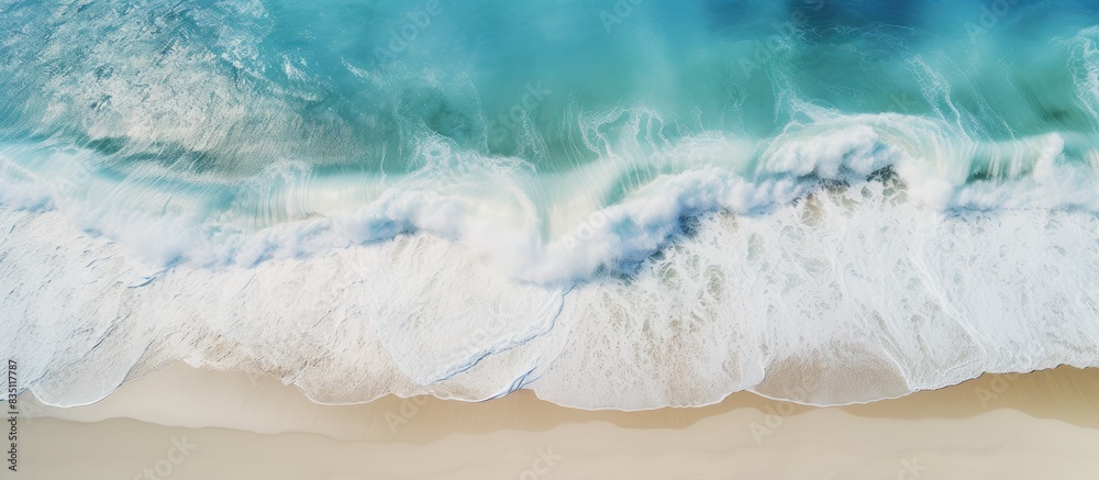 Poster Top view of a beach with waves against a turquoise water background captures a summer seascape from the air, creating a travel concept with copy space image.