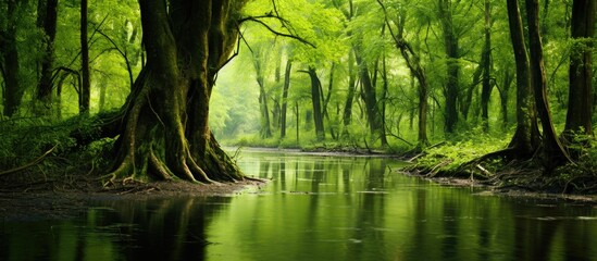 In spring, a lush swamp tree grows freely, offering a natural setting with ample copy space image.