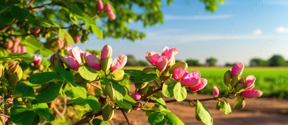 Aufkleber a scenic view of blooming peanut plants with a background offering empty copy space image.