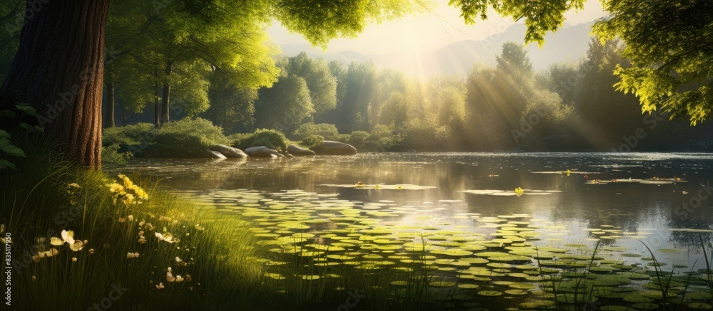 Poster nature's beauty is reflected in the tranquil pond surrounded by lush green grass and shaded by the s