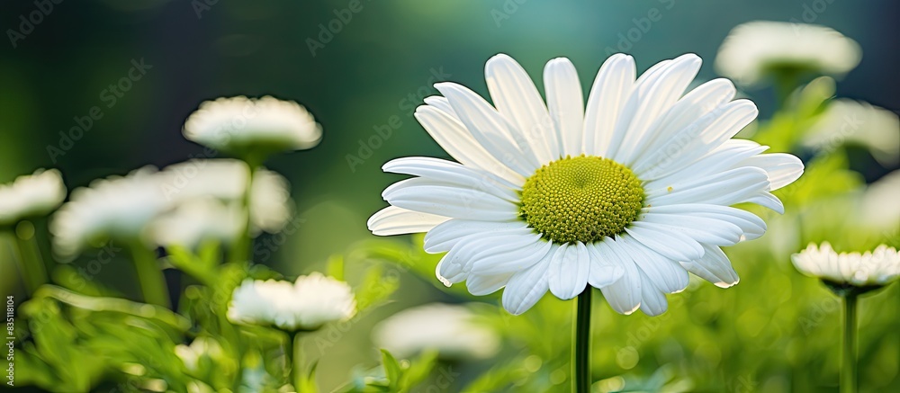 Aufkleber A white daisy bloom against a backdrop of greenery, with space for including images. with copy space image. Place for adding text or design