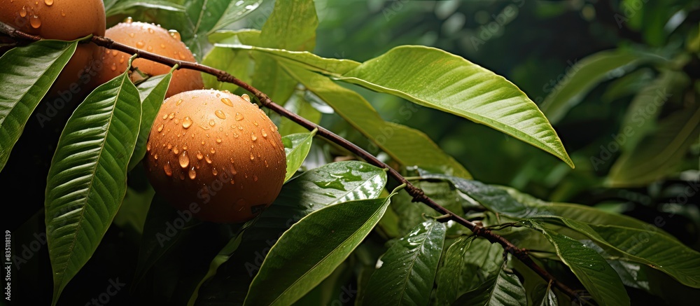 Poster Close-up image of brown sapota fruit surrounded by green leaves with copy space image.