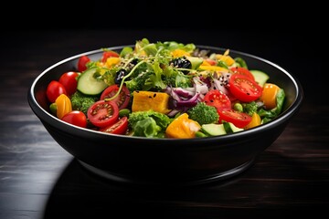 Another fresh salad with colorful vegetables in a black bowl,