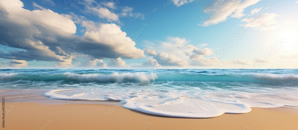 Poster The stunning clouds form a captivating backdrop against the sandy beach, creating a picturesque scene with ample copy space image.