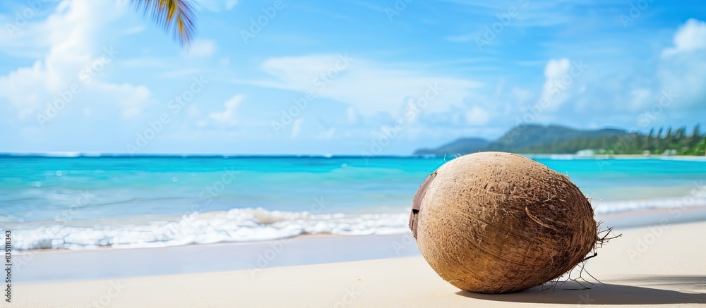 Poster coconut resting on sandy beach with copy space image available.