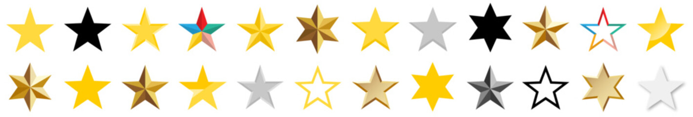 Obraz premium Stars collection. 3D Golden star. Golden and Black set of Stars. Customer feedback concept. Stars in flat style. Vector
