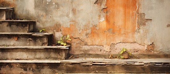 Weathered steps with peeling paint, providing a rustic charm and a vintage feel with copy space image.