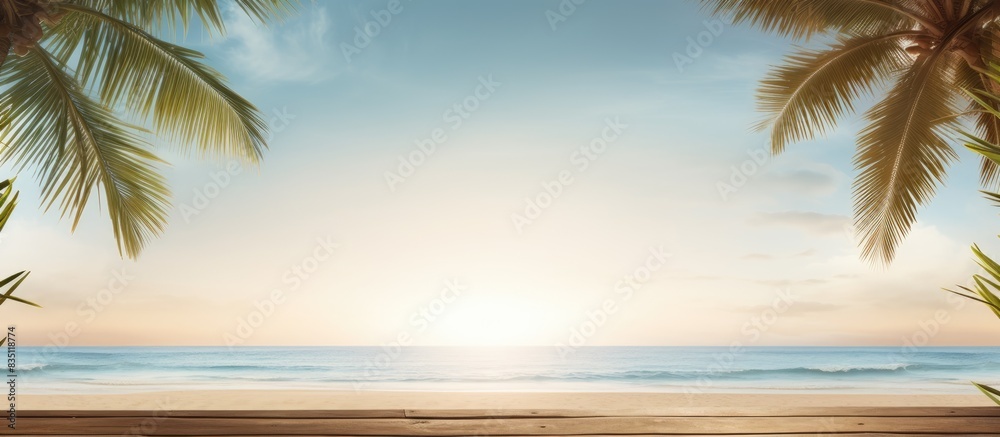 Poster A romantic beach setting with palm trees creating a serene backdrop for any occasion, providing the perfect copy space image.