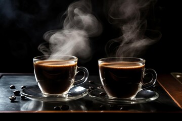Two cups of espresso with steam rising,
