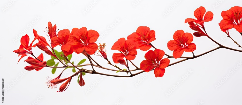 Poster A stunning red Delonix regia flower stands out against a plain white backdrop in a copy space image.