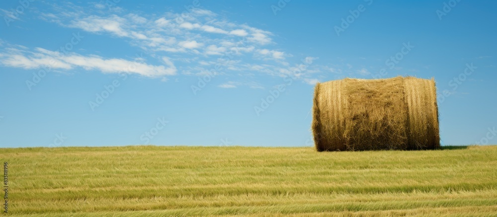 Aufkleber haymaking with a haystack and freshly cut grass, ideal for a copy space image.