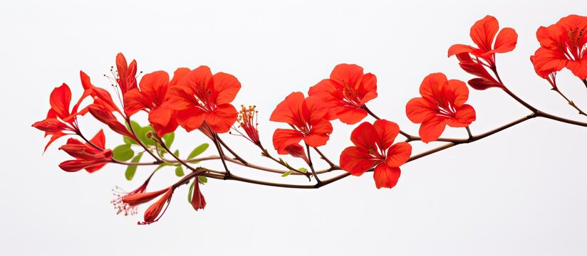 A stunning red Delonix regia flower stands out against a plain white backdrop in a copy space image.
