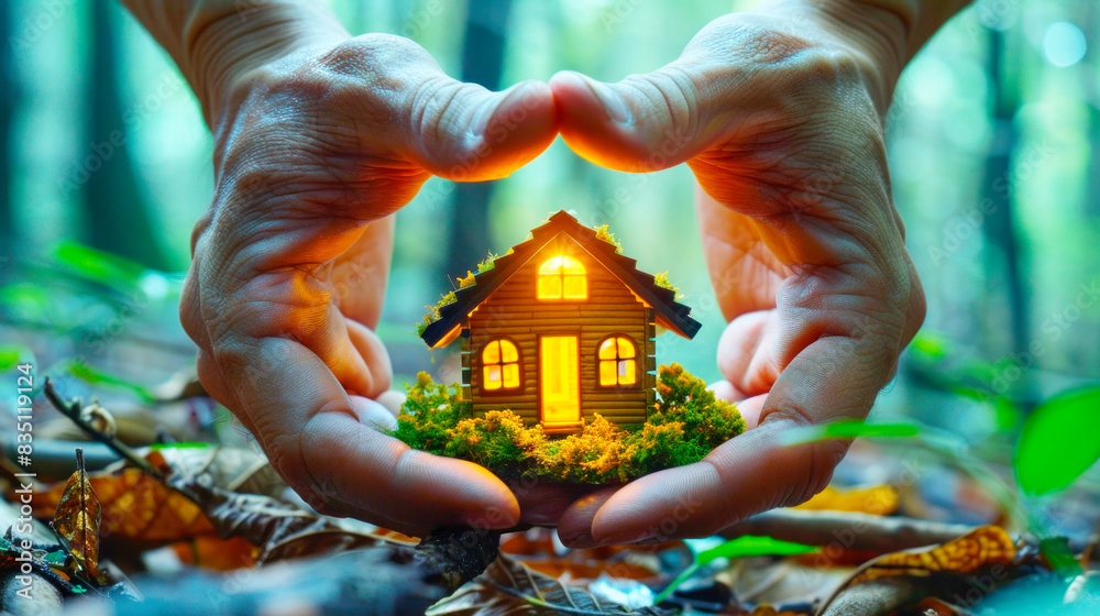 Poster hands cradling a miniature house with glowing windows, set in a forest environment, symbolizing eco-