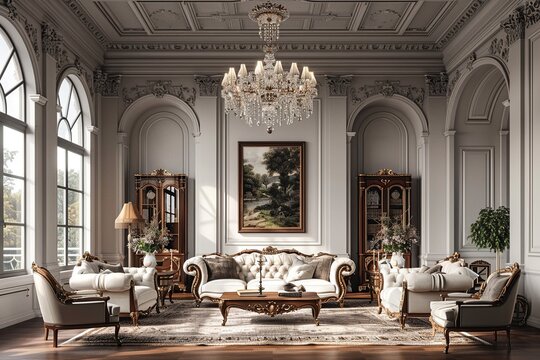 Transport yourself to a bygone era of opulence in this classic European living room with ornate furniture, intricate moldings