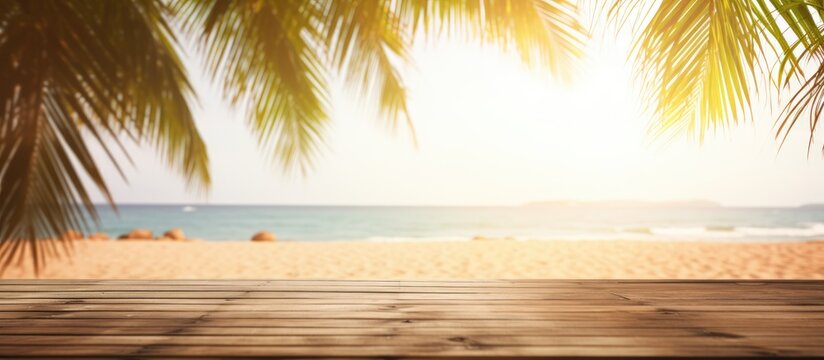 Summer beach party scene with blurred background and wooden table with leaves, ideal for copy space image.