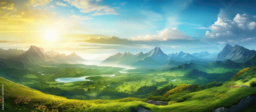 Poster scenic mountain valley illuminated by sunlight, displaying a vibrant landscape with a perfect backgr