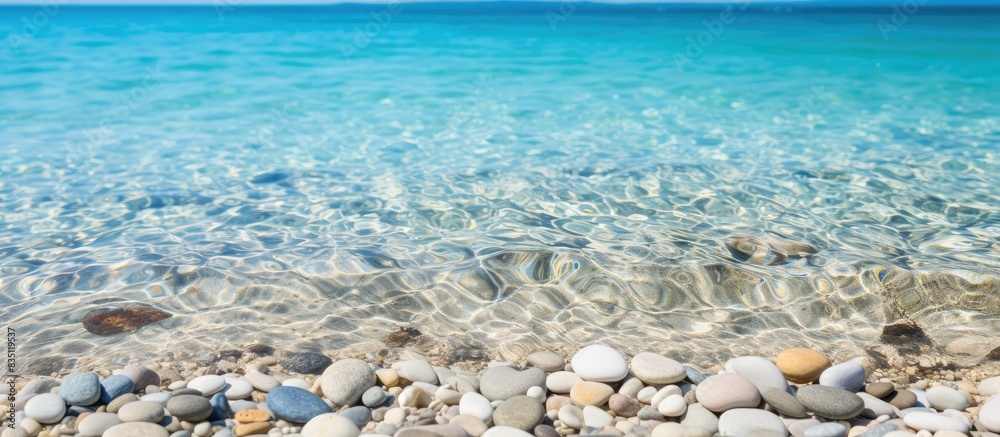 Poster close-up of smooth beach pebbles under clear water on the sand, creating a natural and tranquil vaca