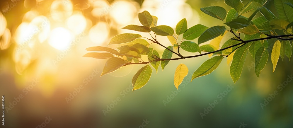 Poster evening sunlight illuminates tree leaves in a scenic outdoor setting with copy space image.