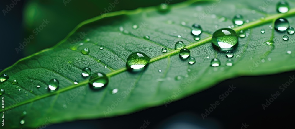 Poster close-up of a leaf with water droplets, providing a captivating copy space image.