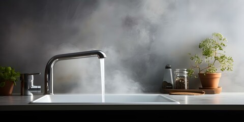 Symbolizing cleanliness and comfort Modern faucet with hot water flowing steam. Concept Bathroom Design, Modern Faucet, Hot Water Flow, Steam Symbolism, Cleanliness and Comfort
