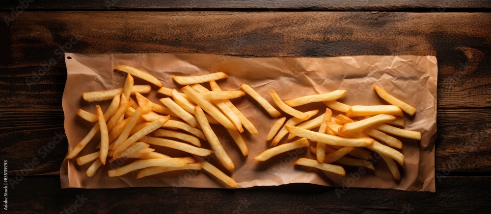Poster French fries displayed on tracing paper on a wooden table with copy space image.