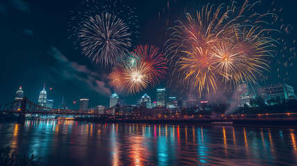A vibrant 4th of July fireworks display over a city skyline, with the reflections shimmering on a river below