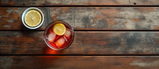 Flat lay photo of a camera and a glass of cola with lemon on a wooden table in an outdoor setting, with copy space image available.