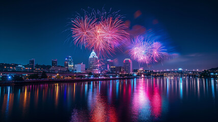 A vibrant 4th of July fireworks display over a city skyline, with the reflections shimmering on a river below