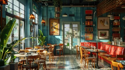 Charming cafe interior with colorful decor, wooden furnishings, and vibrant atmosphere bathed in sunlight.