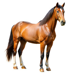 Naklejka premium A brown horse stands in a field, looking to the right. Its coat is a rich, chestnut brown and its mane and tail are black. The horse is wearing a bridle
