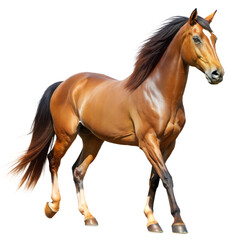 Obraz premium A brown horse with a black mane runs forward against a transparent background