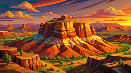 Aerial view of a sandstone mound in the desert valley at sunset