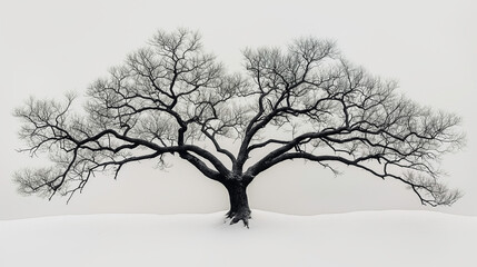Fototapeta premium A large tree with no leaves is standing in the snow