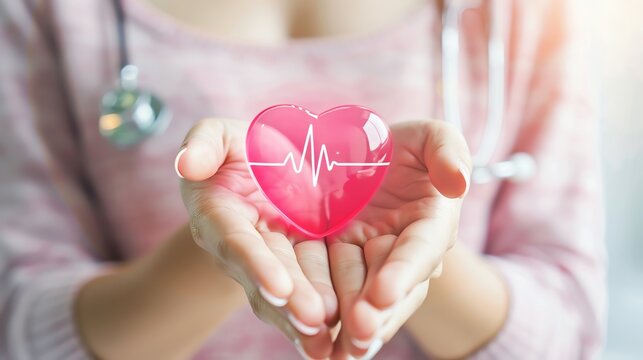 Close-up of hands holding a heart-shaped object with a heartbeat trace, symbolizing health care, wellness, and cardiovascular health.