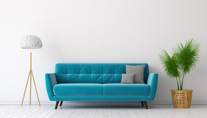 Blue velvet sofa in a bright interior with a white wall floor lamp and potted palm tree