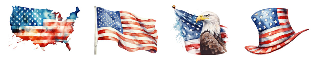 Obraz premium Watercolor painting of USA flag png element set on transparent background
