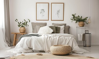 Flowers on wooden stool and pouf in white bedroom interior with posters above bed. Real photo 