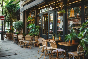 A charming outdoor cafe with rustic wooden furniture, potted plants, and a warm inviting ambiance, perfect for a relaxing visit.