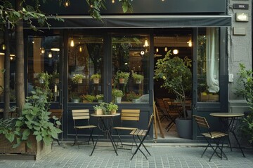 A charming outdoor cafe with rustic wooden furniture, potted plants, and a warm inviting ambiance, perfect for a relaxing visit.