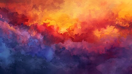 A high-resolution watercolor illustration of dynamic clouds illuminated by the warm hues of a sunset. The clouds are painted with bold, expressive brushstrokes in vibrant shades of orange, red, and