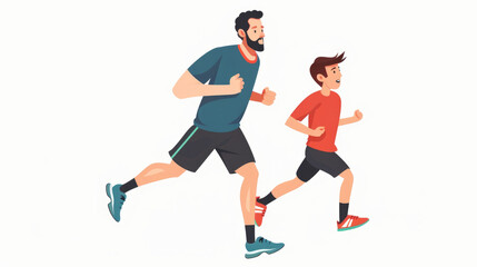A father and his son are running together, both wearing athletic attire and smiling