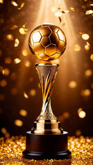 Triumphant Soccer Ball Trophy - A golden soccer ball rests on a top a gleaming golden trophy. The background bursts with radiant light rays and a shower of golden confetti.
