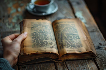 Obraz premium A close-up of a person reading an old, vintage book on a wooden table with a cup of tea in the background, evoking a sense of nostalgia and warmth.