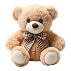 Obraz premium A brown teddy bear with a plaid bow is sitting on a transparent background