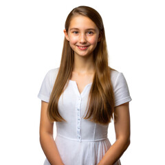 Fototapeta premium A young girl with long brown hair smiles as she poses in a white dress against a transparent background