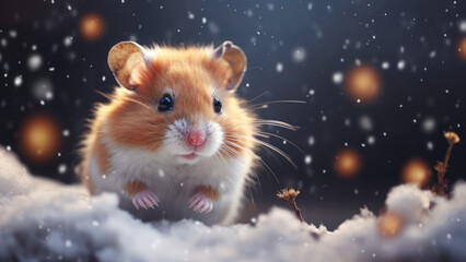 Adorable hamster enjoying the snowy night
